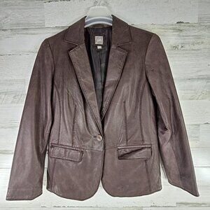 J JILL BROWN LEATHER JACKET WOMEN'S SIZE MEDIUM BUTTON AND FLAP POCKETS *STAINS*